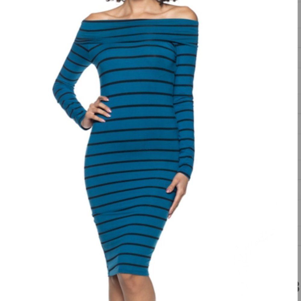Teal & Black Striped Long Sleeve Off The Shoulder Dress